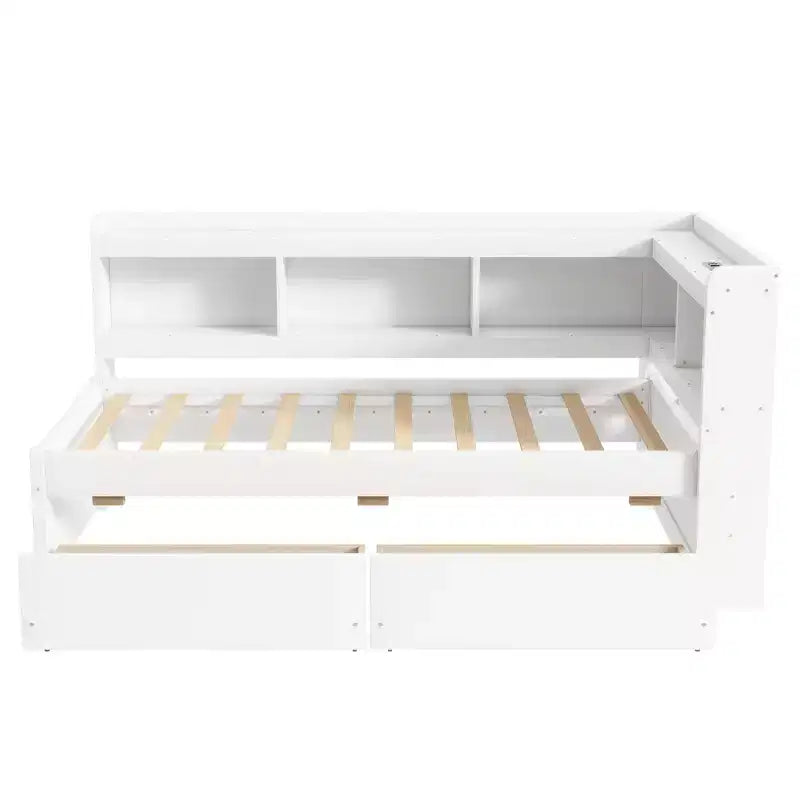 L-Shaped Bookcase Bed with Built-In Power Outlets, USB Charging Ports, and Two Storage Drawers