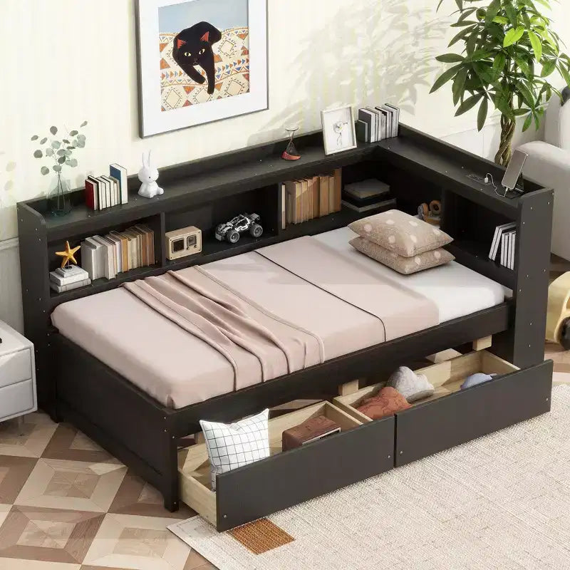 L-Shaped Bookcase Bed with Built-In Power Outlets, USB Charging Ports, and Two Storage Drawers
