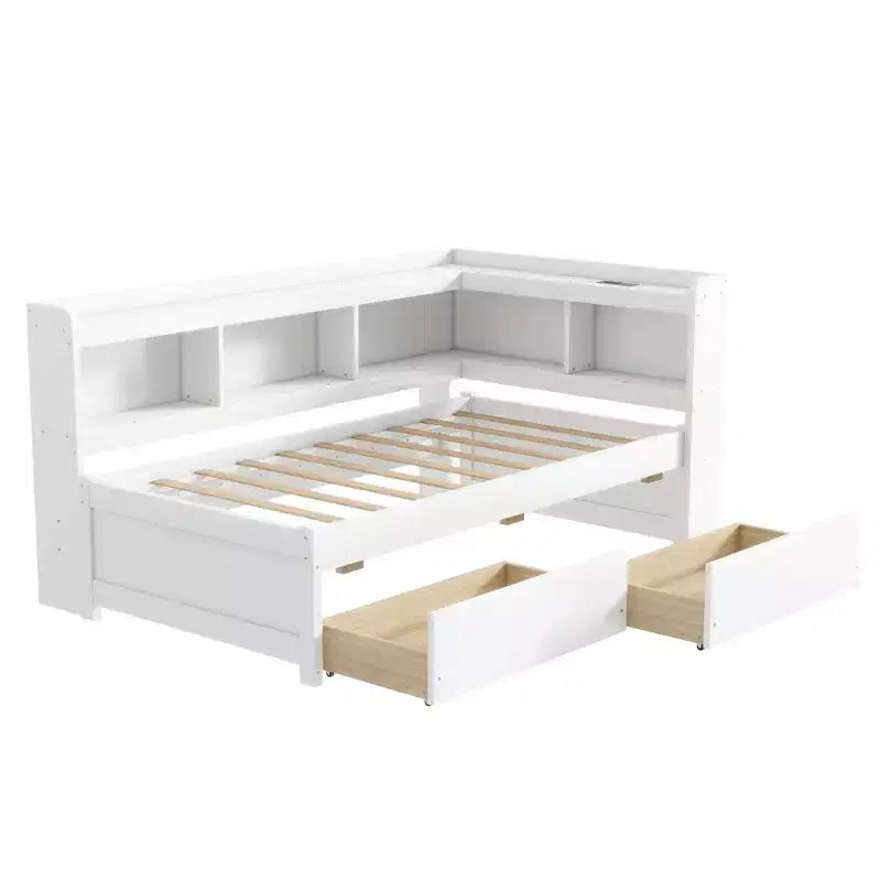 L-Shaped Bookcase Bed with Built-In Power Outlets, USB Charging Ports, and Two Storage Drawers