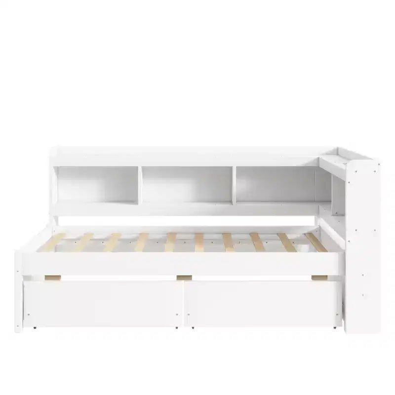 L-Shaped Bookcase Bed with Built-In Power Outlets, USB Charging Ports, and Two Storage Drawers