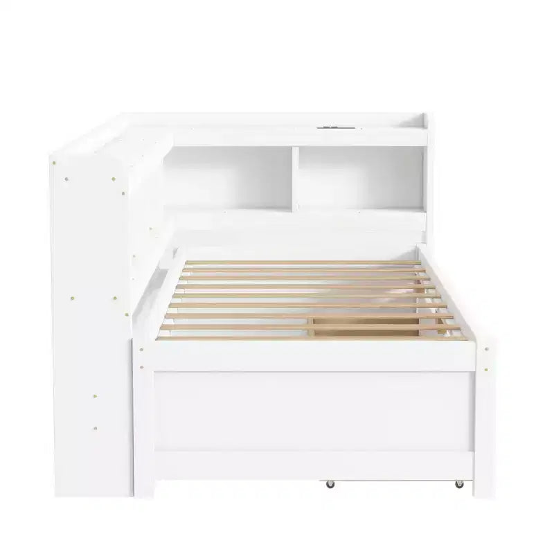 L-Shaped Bookcase Bed with Built-In Power Outlets, USB Charging Ports, and Two Storage Drawers