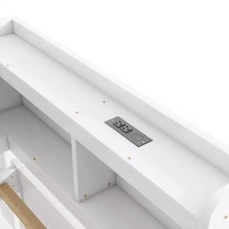 L-Shaped Bookcase Bed with Built-In Power Outlets, USB Charging Ports, and Two Storage Drawers