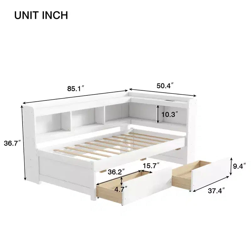 L-Shaped Bookcase Bed with Built-In Power Outlets, USB Charging Ports, and Two Storage Drawers
