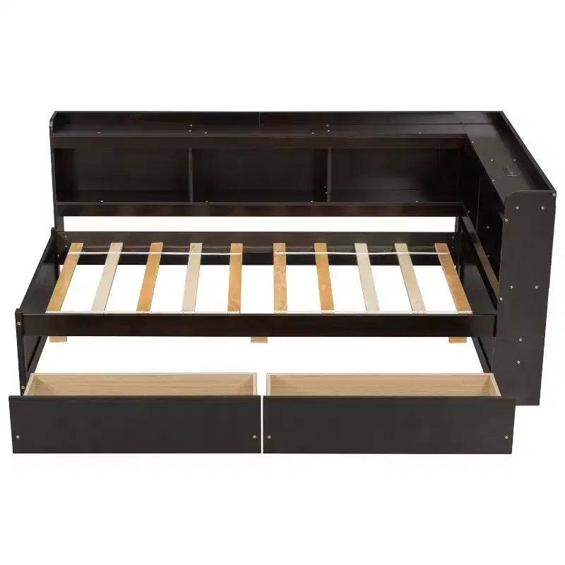 L-Shaped Bookcase Bed with Built-In Power Outlets, USB Charging Ports, and Two Storage Drawers
