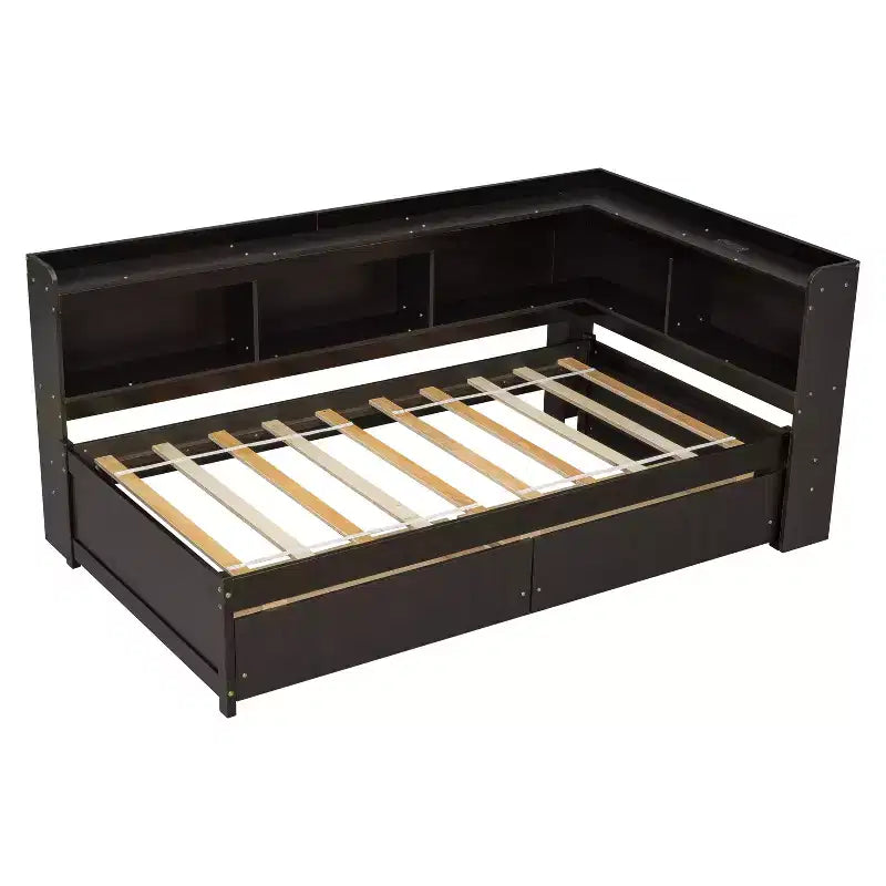 L-Shaped Bookcase Bed with Built-In Power Outlets, USB Charging Ports, and Two Storage Drawers