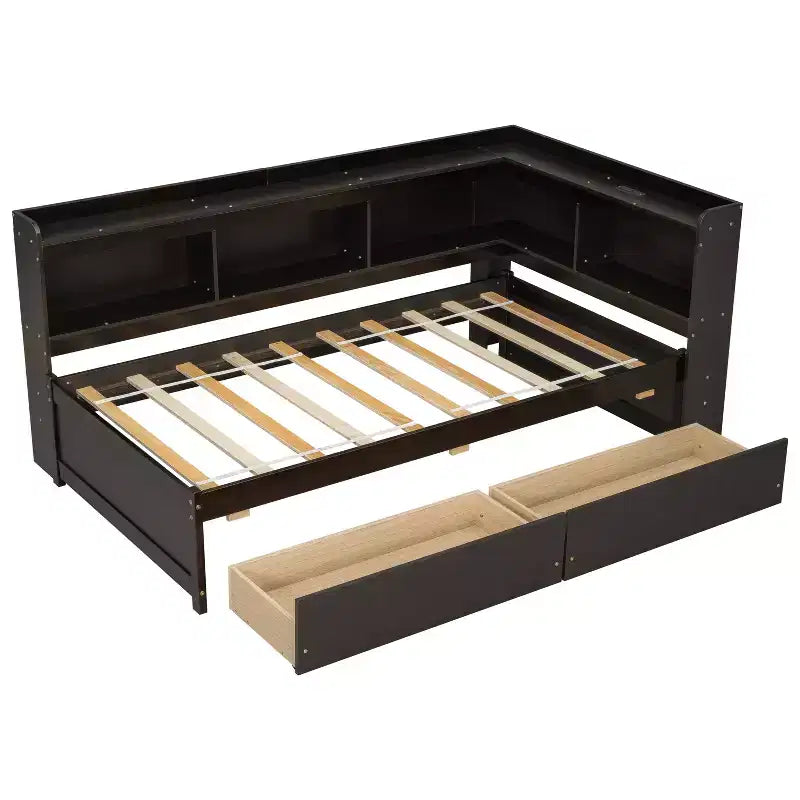 L-Shaped Bookcase Bed with Built-In Power Outlets, USB Charging Ports, and Two Storage Drawers