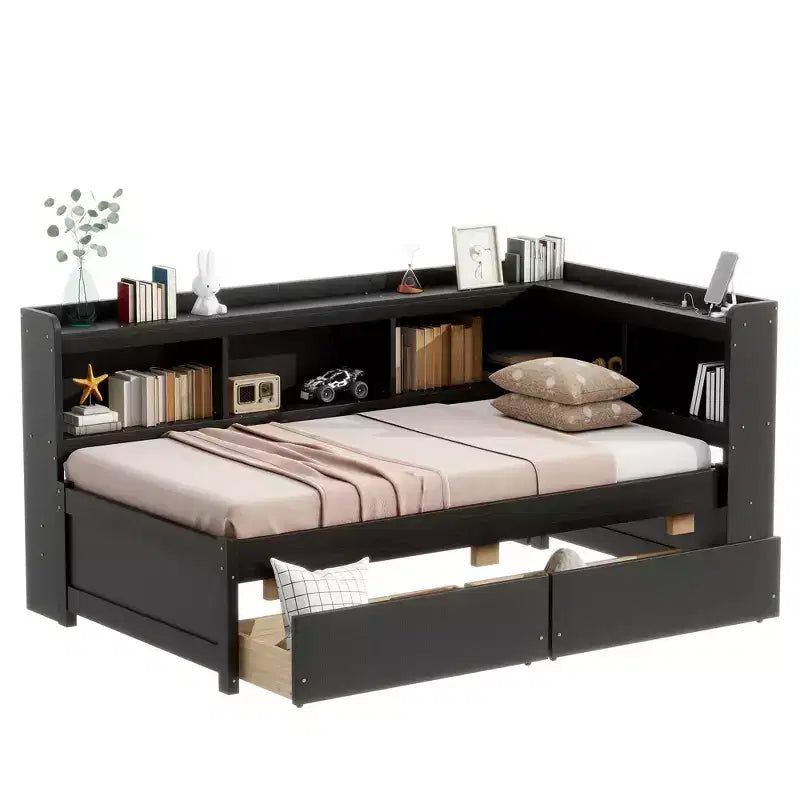 L-Shaped Bookcase Bed with Built-In Power Outlets, USB Charging Ports, and Two Storage Drawers
