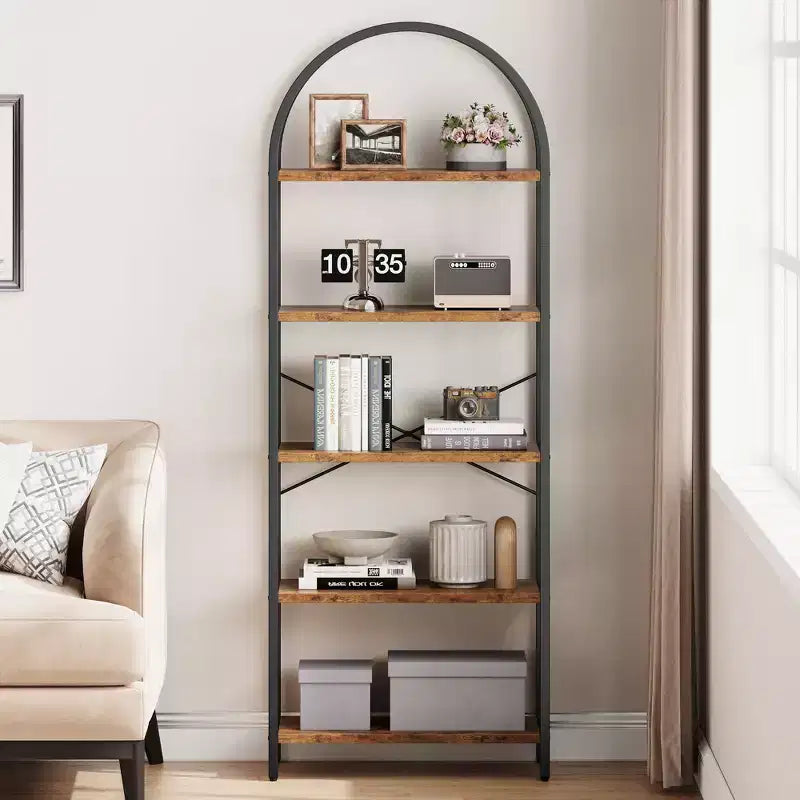 Libreria a 5 ripiani, scaffali espositivi ad arco, libreria alta da terra, struttura in metallo, scaffale moderno portaoggetti, grande libreria in legno