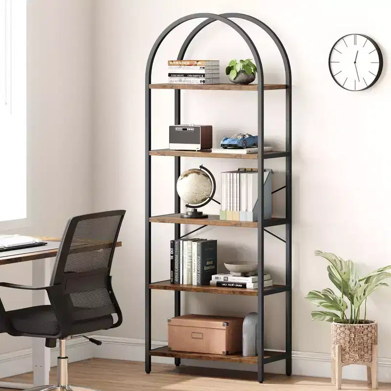Libreria a 5 ripiani, scaffali espositivi ad arco, libreria alta da terra, struttura in metallo, scaffale moderno portaoggetti, grande libreria in legno