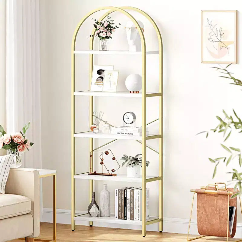 Libreria a 5 ripiani, scaffali espositivi ad arco, libreria alta da terra, struttura in metallo, scaffale moderno portaoggetti, grande libreria in legno
