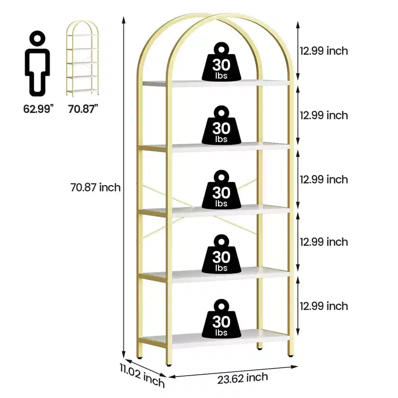 Libreria a 5 ripiani, scaffali espositivi ad arco, libreria alta da terra, struttura in metallo, scaffale moderno portaoggetti, grande libreria in legno