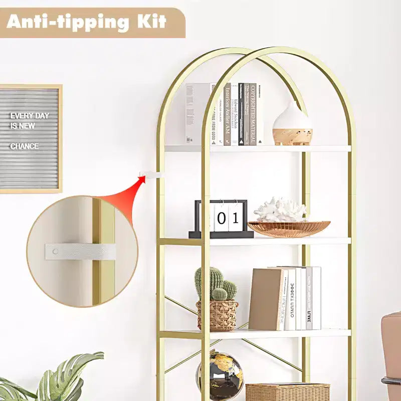 Libreria a 5 ripiani, scaffali espositivi ad arco, libreria alta da terra, struttura in metallo, scaffale moderno portaoggetti, grande libreria in legno