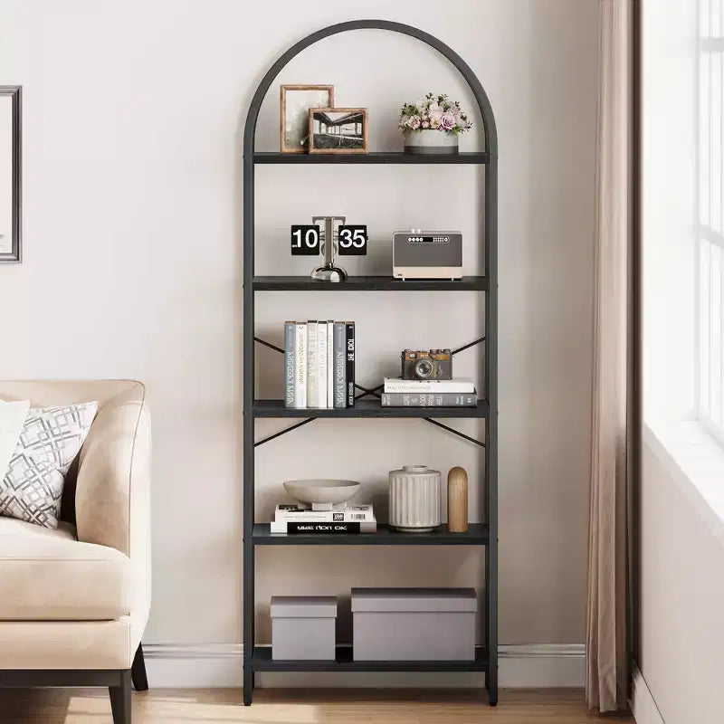 Libreria a 5 ripiani, scaffali espositivi ad arco, libreria alta da terra, struttura in metallo, scaffale moderno portaoggetti, grande libreria in legno