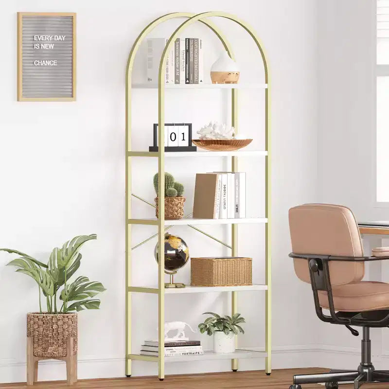 Libreria a 5 ripiani, scaffali espositivi ad arco, libreria alta da terra, struttura in metallo, scaffale moderno portaoggetti, grande libreria in legno