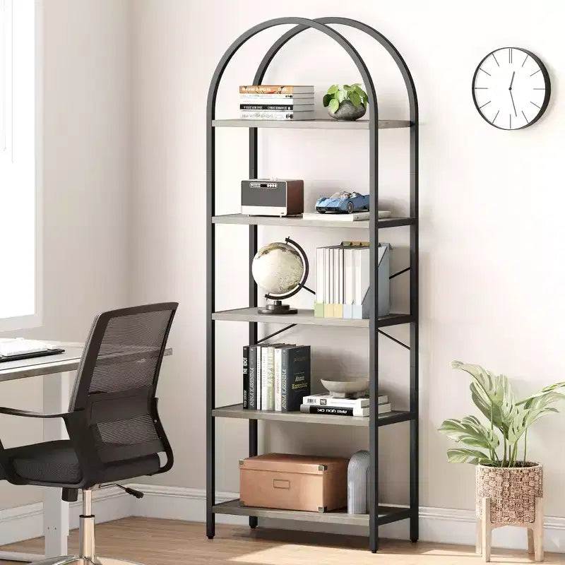 Libreria a 5 ripiani, scaffali espositivi ad arco, libreria alta da terra, struttura in metallo, scaffale moderno portaoggetti, grande libreria in legno