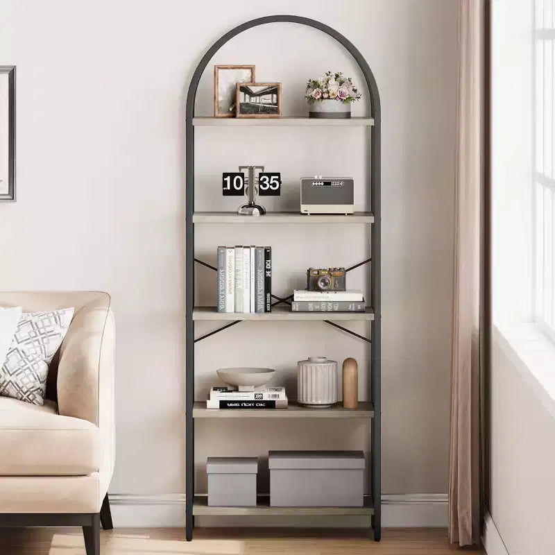 Libreria a 5 ripiani, scaffali espositivi ad arco, libreria alta da terra, struttura in metallo, scaffale moderno portaoggetti, grande libreria in legno