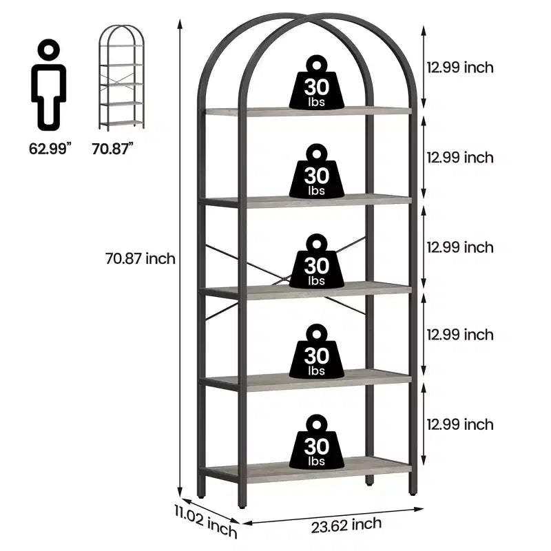 Libreria a 5 ripiani, scaffali espositivi ad arco, libreria alta da terra, struttura in metallo, scaffale moderno portaoggetti, grande libreria in legno