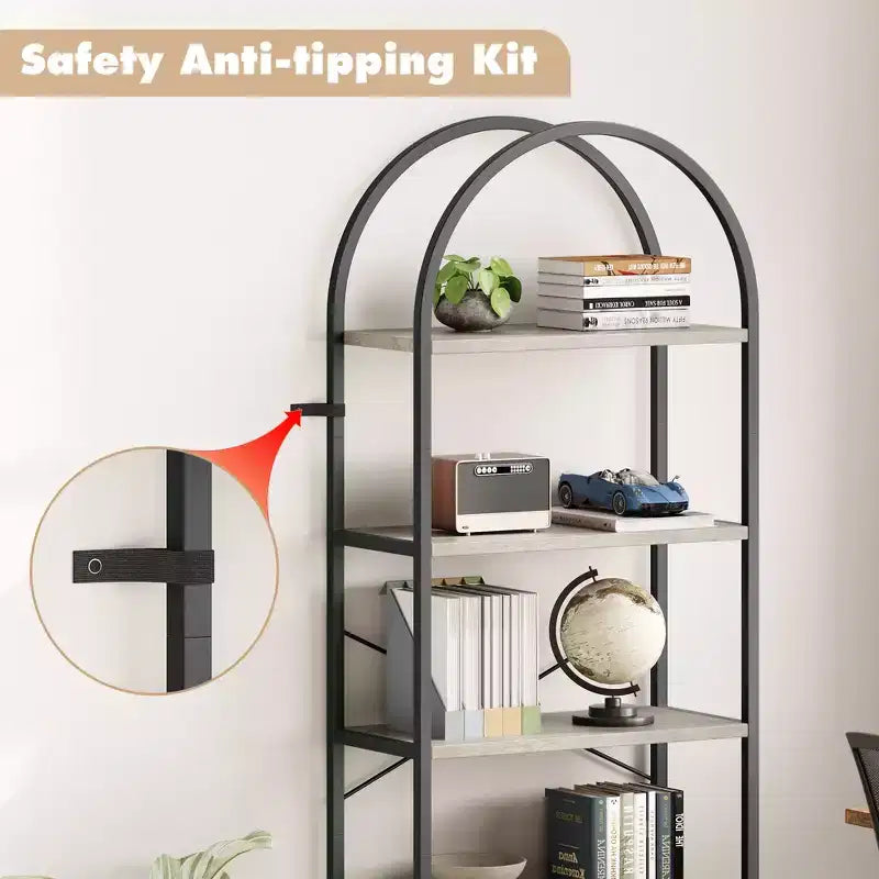 Libreria a 5 ripiani, scaffali espositivi ad arco, libreria alta da terra, struttura in metallo, scaffale moderno portaoggetti, grande libreria in legno