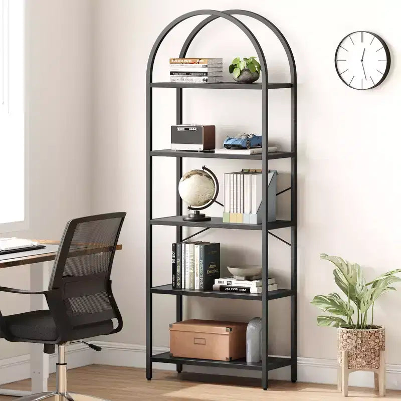 Libreria a 5 ripiani, scaffali espositivi ad arco, libreria alta da terra, struttura in metallo, scaffale moderno portaoggetti, grande libreria in legno