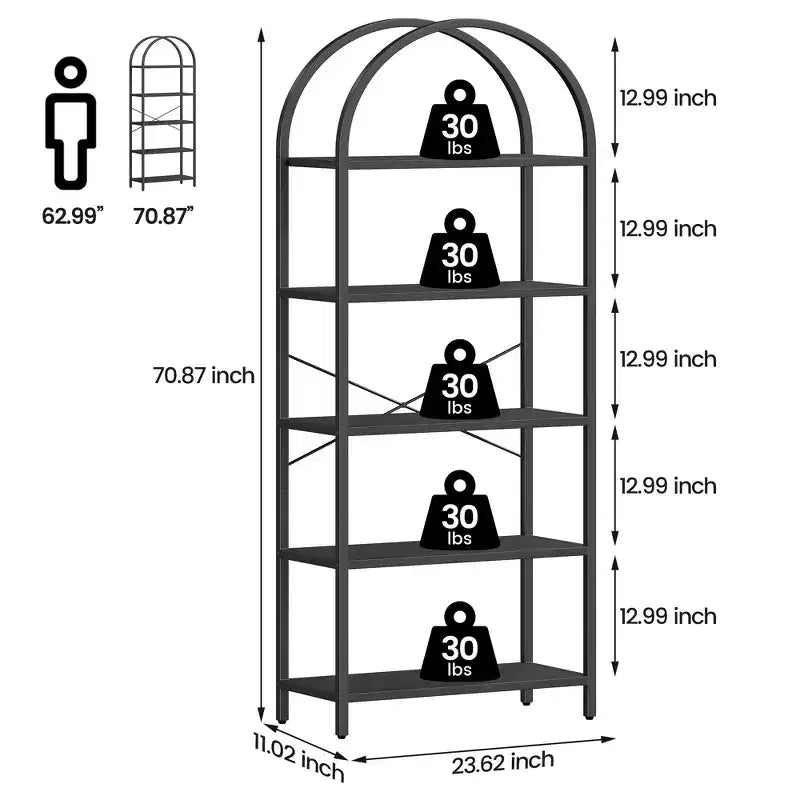 Libreria a 5 ripiani, scaffali espositivi ad arco, libreria alta da terra, struttura in metallo, scaffale moderno portaoggetti, grande libreria in legno