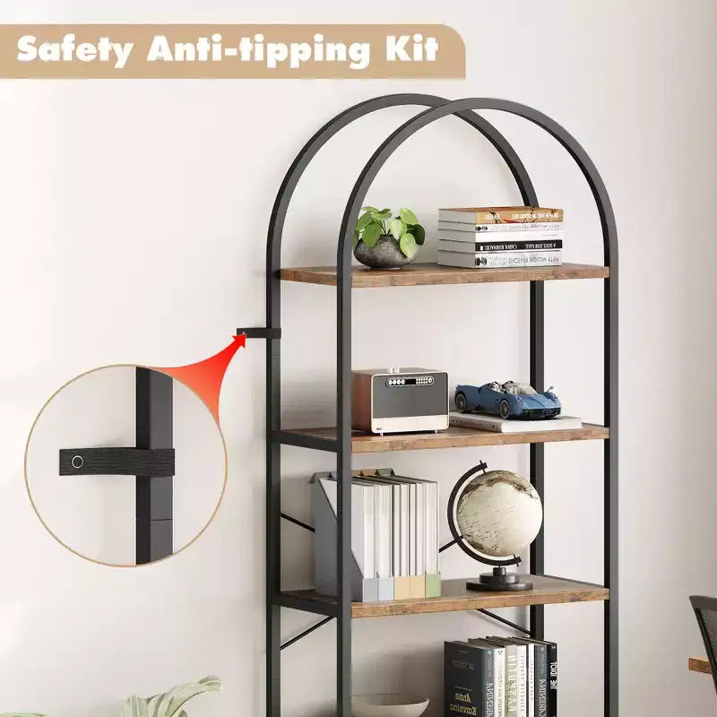 Libreria a 5 ripiani, scaffali espositivi ad arco, libreria alta da terra, struttura in metallo, scaffale moderno portaoggetti, grande libreria in legno
