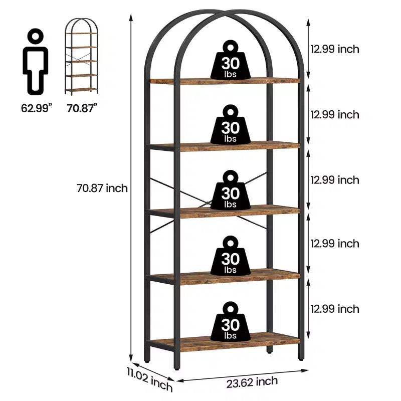 Libreria a 5 ripiani, scaffali espositivi ad arco, libreria alta da terra, struttura in metallo, scaffale moderno portaoggetti, grande libreria in legno