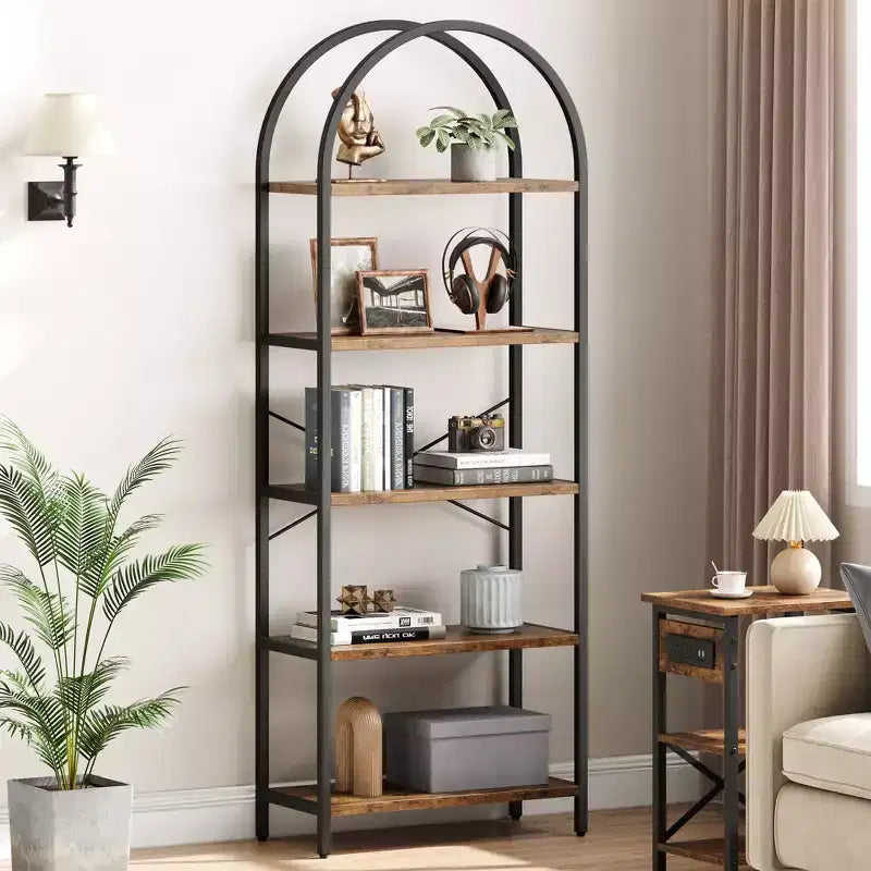 Libreria a 5 ripiani, scaffali espositivi ad arco, libreria alta da terra, struttura in metallo, scaffale moderno portaoggetti, grande libreria in legno