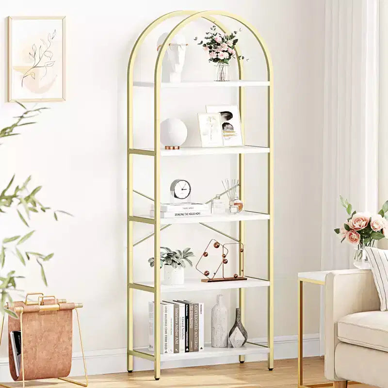Libreria a 5 ripiani, scaffali espositivi ad arco, libreria alta da terra, struttura in metallo, scaffale moderno portaoggetti, grande libreria in legno
