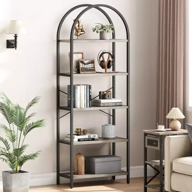 Libreria a 5 ripiani, scaffali espositivi ad arco, libreria alta da terra, struttura in metallo, scaffale moderno portaoggetti, grande libreria in legno