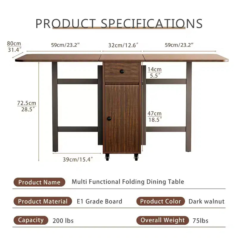 Tavolo da pranzo pieghevole da 59'' per spazi piccoli, tavolo rettangolare allungabile in legno per cucina con ribalte, non richiede montaggio