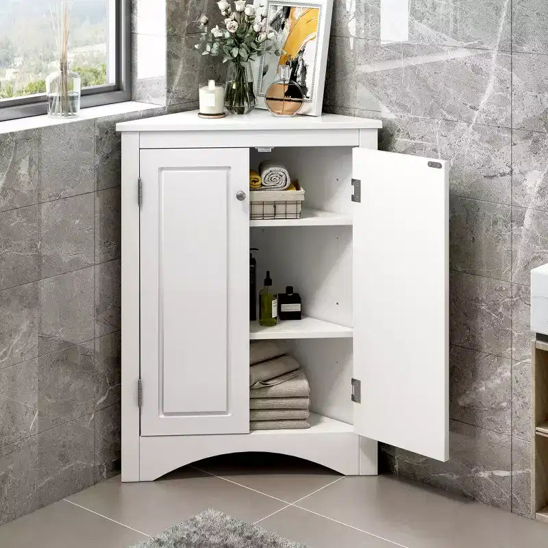 Mobiletto triangolare ad angolo per il bagno, con ripiani regolabili