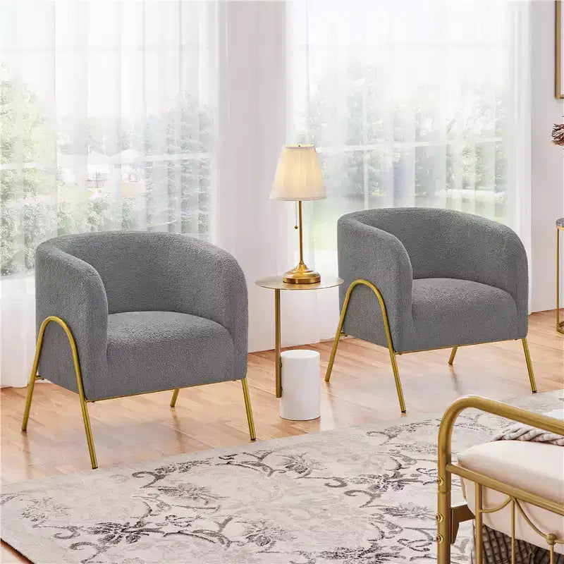 Set di 2 poltrone a botte con gambe in metallo color oro per soggiorno e camera da letto