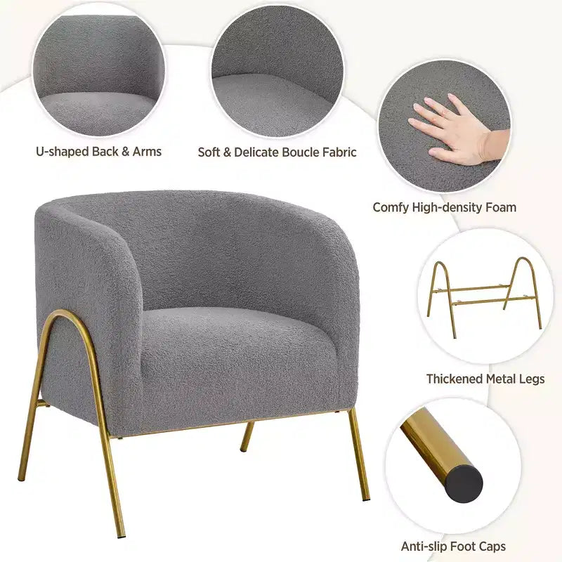 Set di 2 poltrone a botte con gambe in metallo color oro per soggiorno e camera da letto