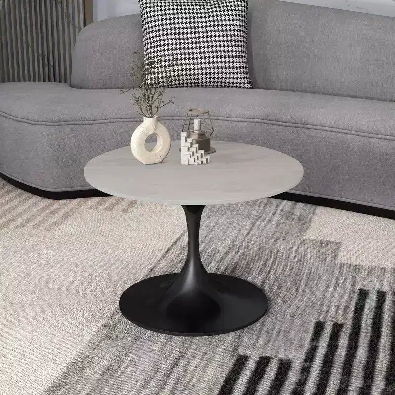 Tavolino da salotto rotondo da 27 - Piano moderno in resina con base a piedistallo in acciaio nero, tavolino decorativo per soggiorni contemporanei