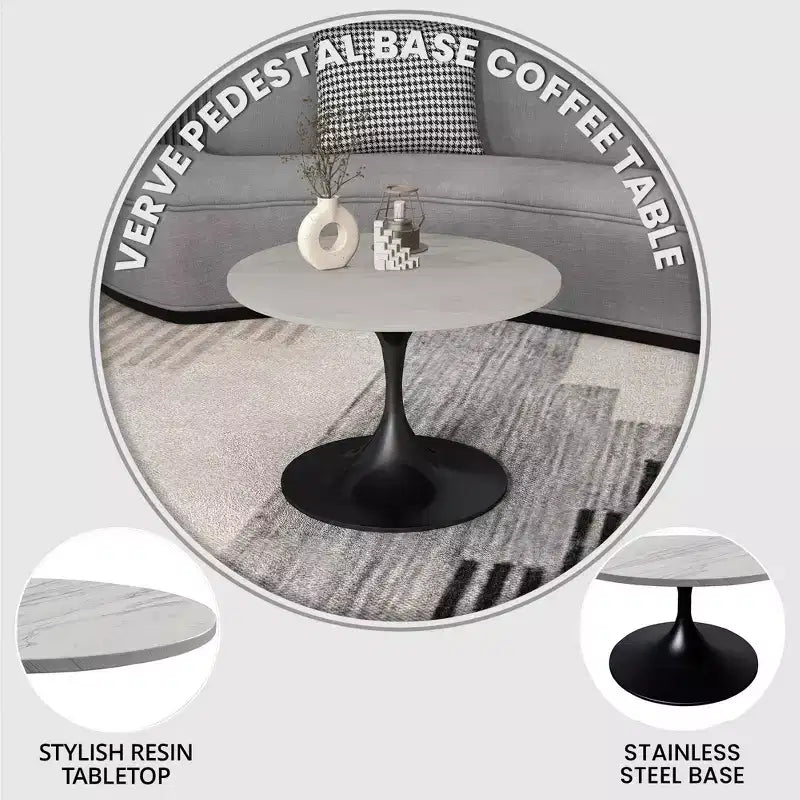 Tavolino da salotto rotondo da 27 - Piano moderno in resina con base a piedistallo in acciaio nero, tavolino decorativo per soggiorni contemporanei