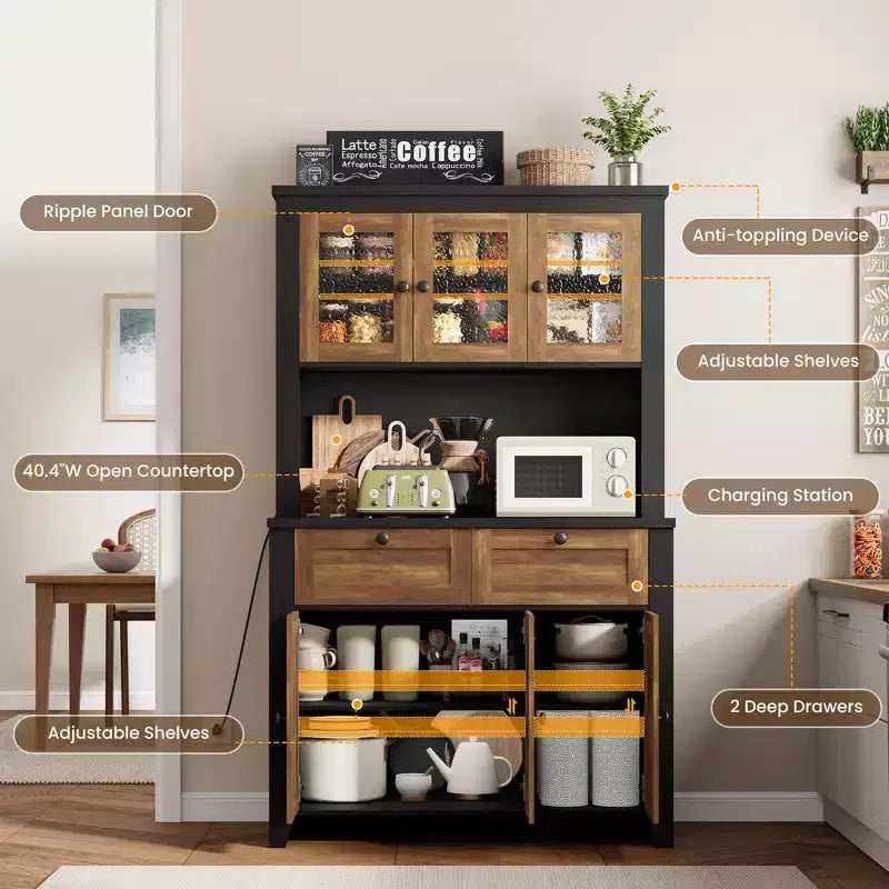 Dispensa alta 66 pollici con luci LED e stazione di ricarica, mobile da cucina con credenza, angolo caffè e cassetti contenitori