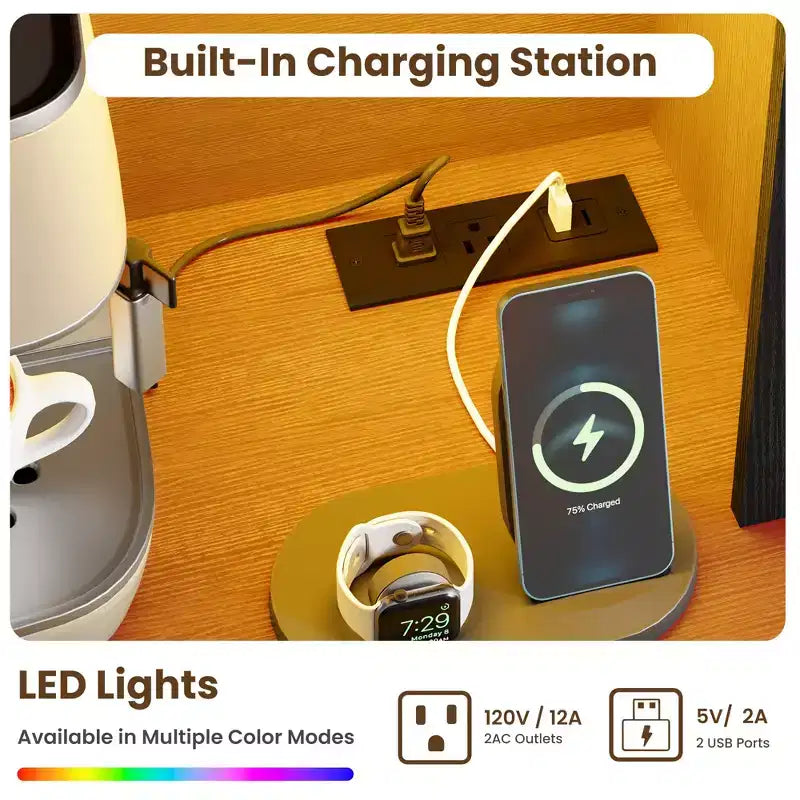 Dispensa alta 66 pollici con luci LED e stazione di ricarica, mobile da cucina con credenza, angolo caffè e cassetti contenitori