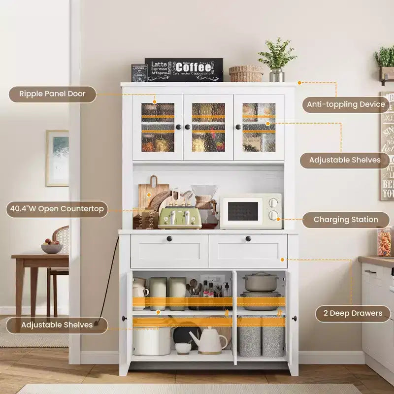 Dispensa alta 66 pollici con luci LED e stazione di ricarica, mobile da cucina con credenza, angolo caffè e cassetti contenitori