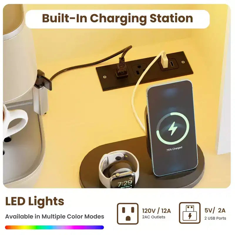 Dispensa alta 66 pollici con luci LED e stazione di ricarica, mobile da cucina con credenza, angolo caffè e cassetti contenitori