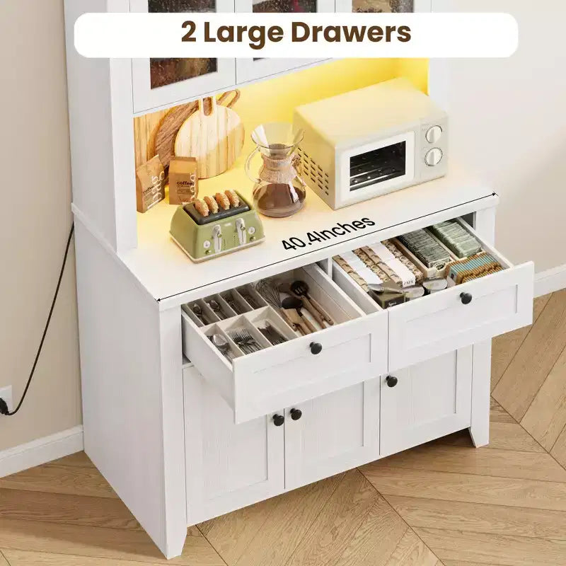 Dispensa alta 66 pollici con luci LED e stazione di ricarica, mobile da cucina con credenza, angolo caffè e cassetti contenitori