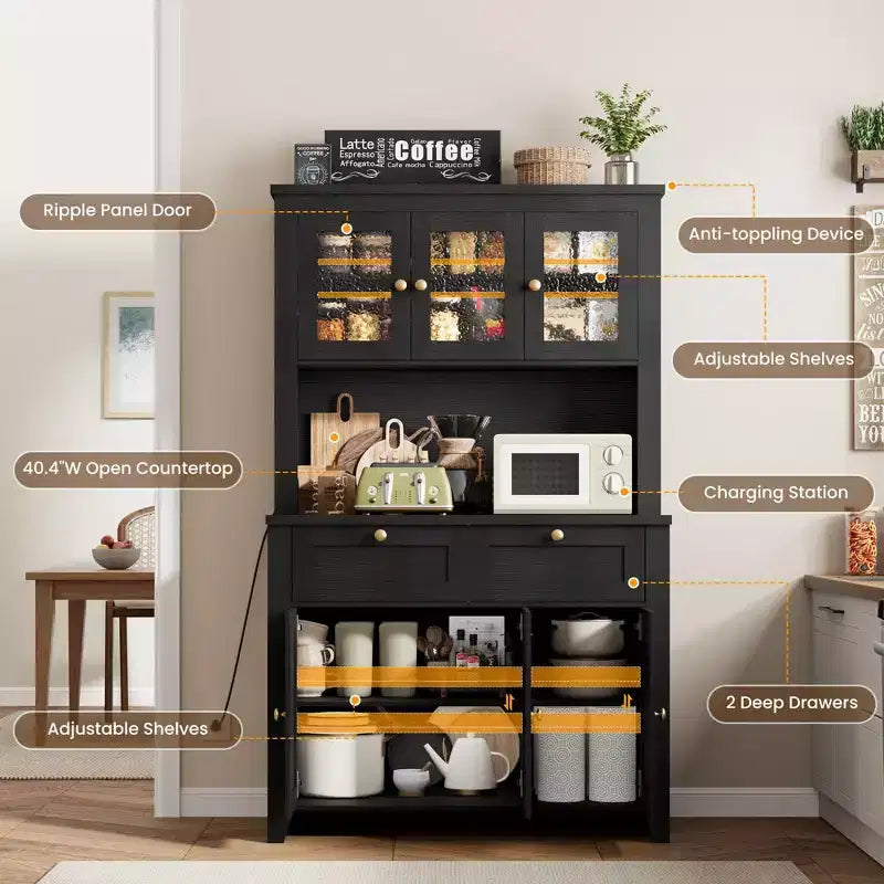 Dispensa alta 66 pollici con luci LED e stazione di ricarica, mobile da cucina con credenza, angolo caffè e cassetti contenitori