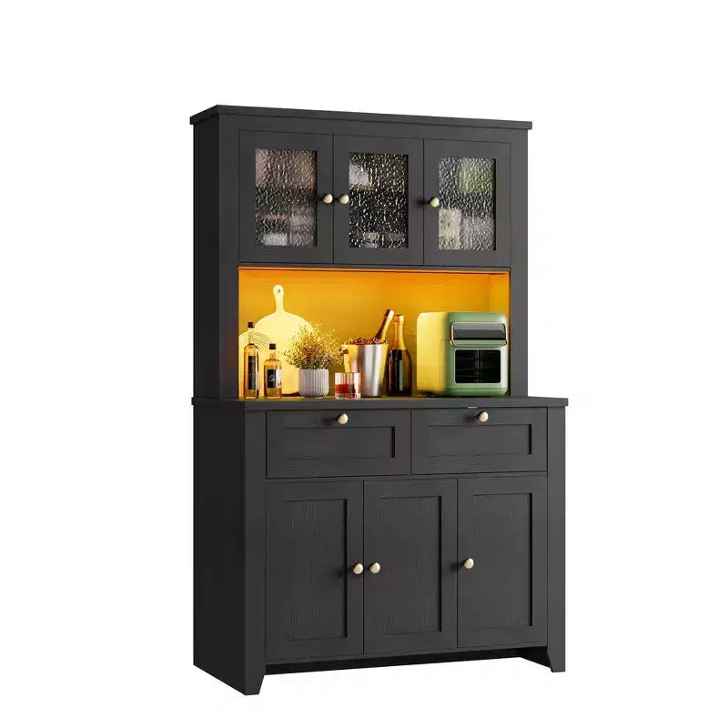 66 Tall Pantry Cabinet with LED Lights &amp; Charging Station, Kitchen Pantry Storage Cabinet Kitchen Hutch Coffee Bar with Storage Drawers
