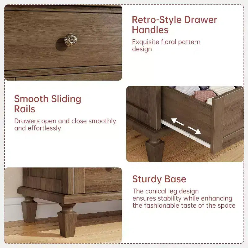 Cassettiera vintage in legno a 4 cassetti, maniglie intagliate e gambe affusolate, ampia capacità contenitiva per la camera da letto, marrone chiaro