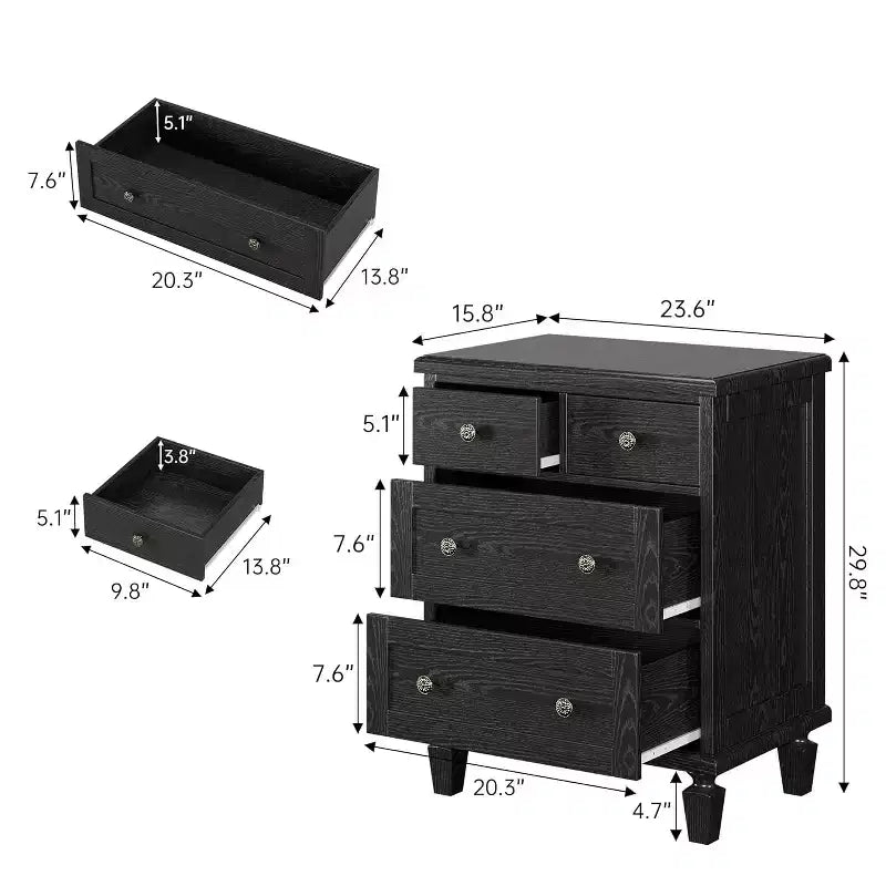 Cassettiera vintage in legno a 4 cassetti, maniglie intagliate e gambe affusolate, ampia capacità contenitiva per la camera da letto, marrone chiaro
