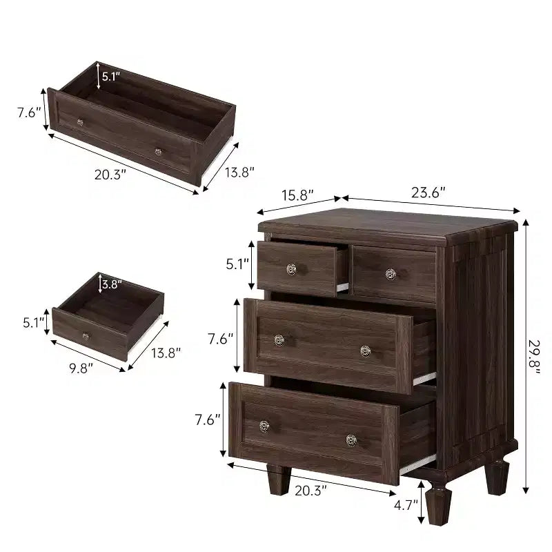 Cassettiera vintage in legno a 4 cassetti, maniglie intagliate e gambe affusolate, ampia capacità contenitiva per la camera da letto, marrone chiaro