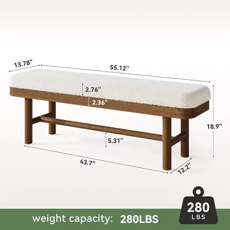55-Inch Solid Wood Entryway Bench, Rustic Upholstered Bench with Cushion for Dining Room, Mudroom, Porch, White &amp; Brown, Easy Assembly