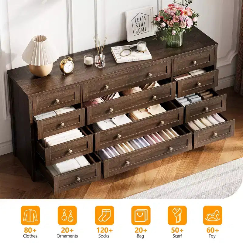 Cassettiera moderna e robusta in legno con 12 cassetti per camera da letto, larga 63, mobile contenitore profondo e mobile TV, ideale per soggiorno o corridoio