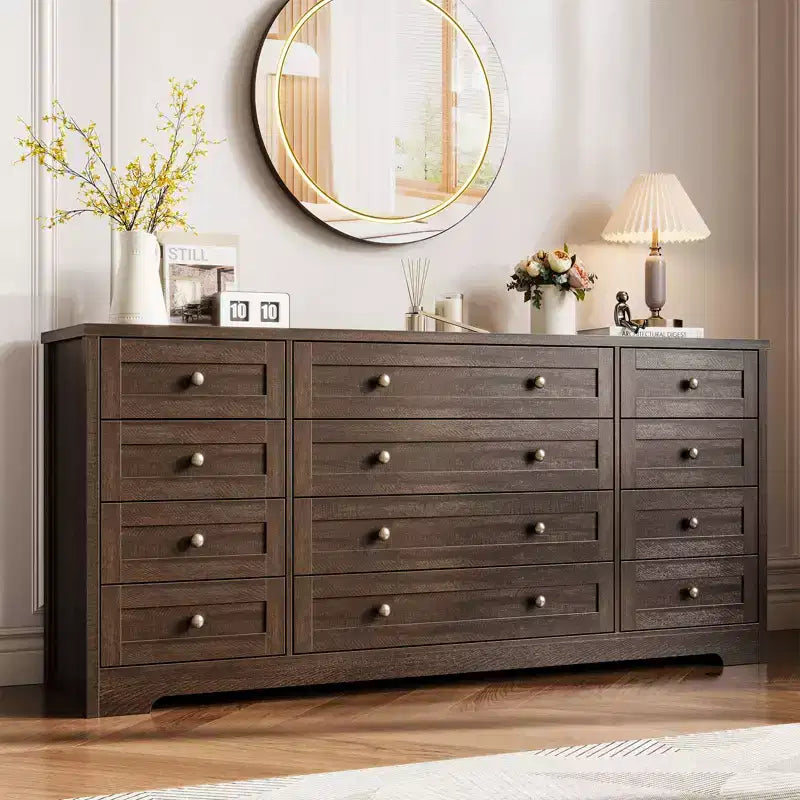 Cassettiera moderna e robusta in legno con 12 cassetti per camera da letto, larga 63, mobile contenitore profondo e mobile TV, ideale per soggiorno o corridoio