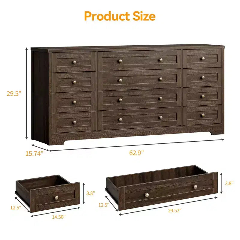Cassettiera moderna e robusta in legno con 12 cassetti per camera da letto, larga 63, mobile contenitore profondo e mobile TV, ideale per soggiorno o corridoio