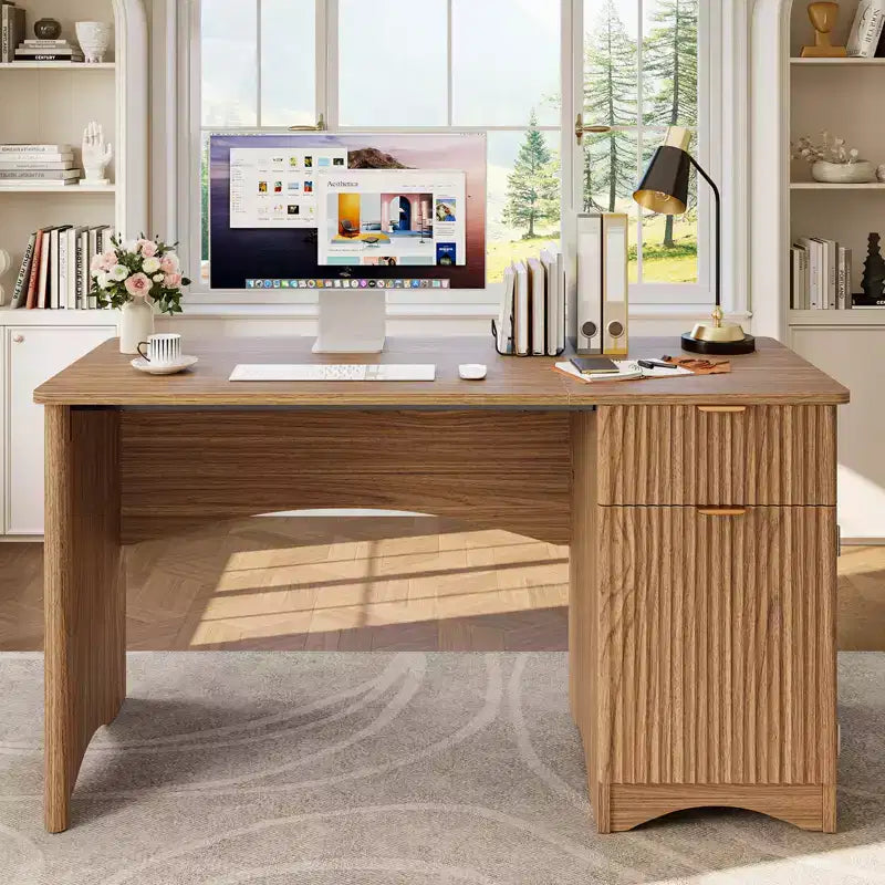 Scrivania da 47 con cassetto, moderna per ufficio domestico con mobile contenitore, scrivania per computer e studio con scanalature, ideale per spazi piccoli